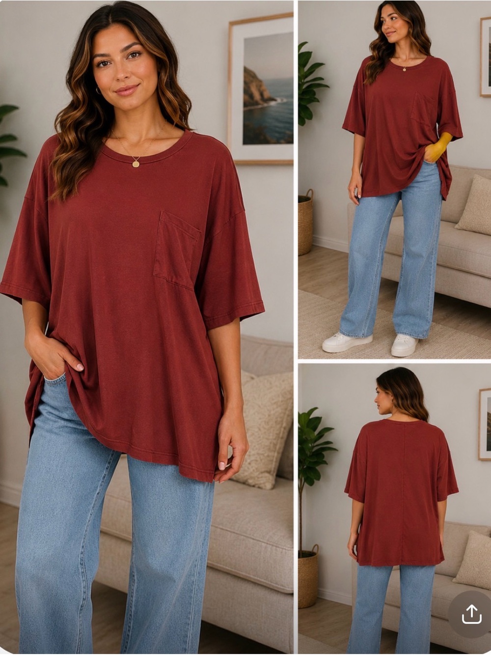 Oversized boyfriend Pocket Tee in Deep burgundy Red Rust